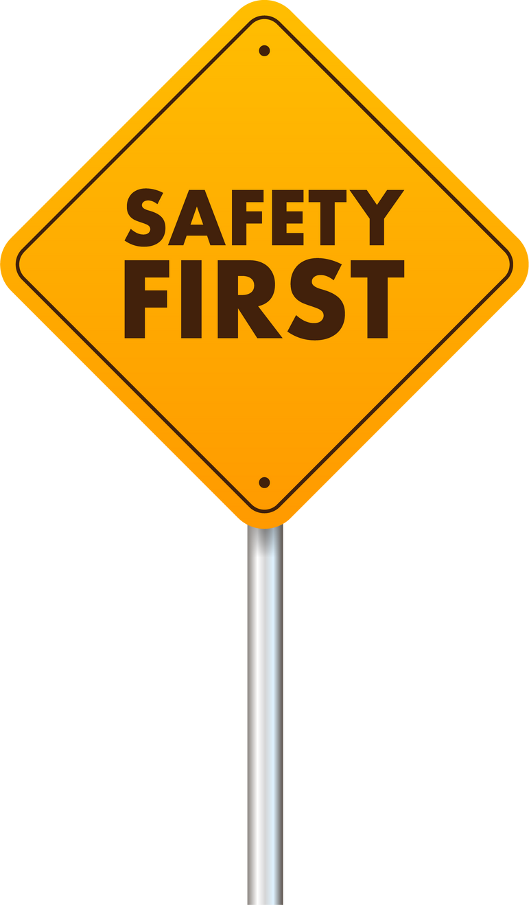 Safety First shield sign. Health and safety. Vector stock illustration.